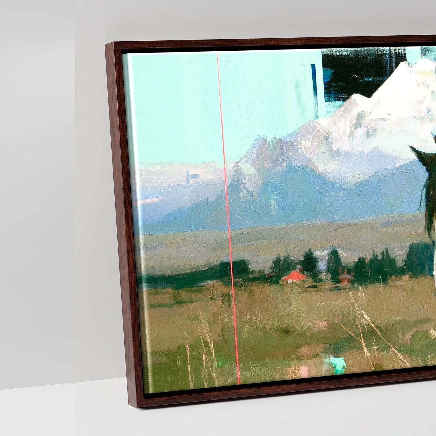 Midnight Coat Beneath Peaks - artwork detail in a brown float frame