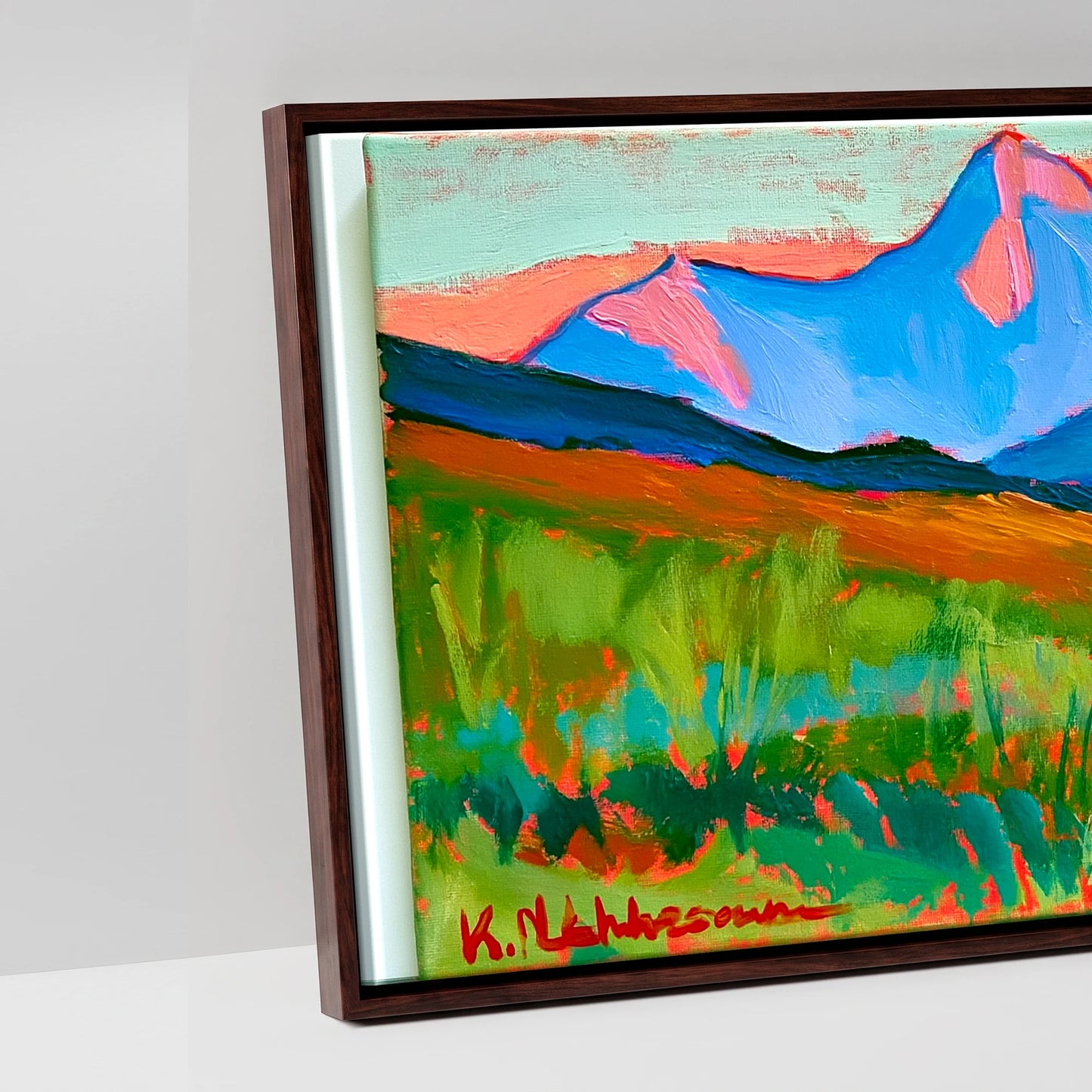Technicolour Mountain Grazing - artwork detail in a brown float frame
