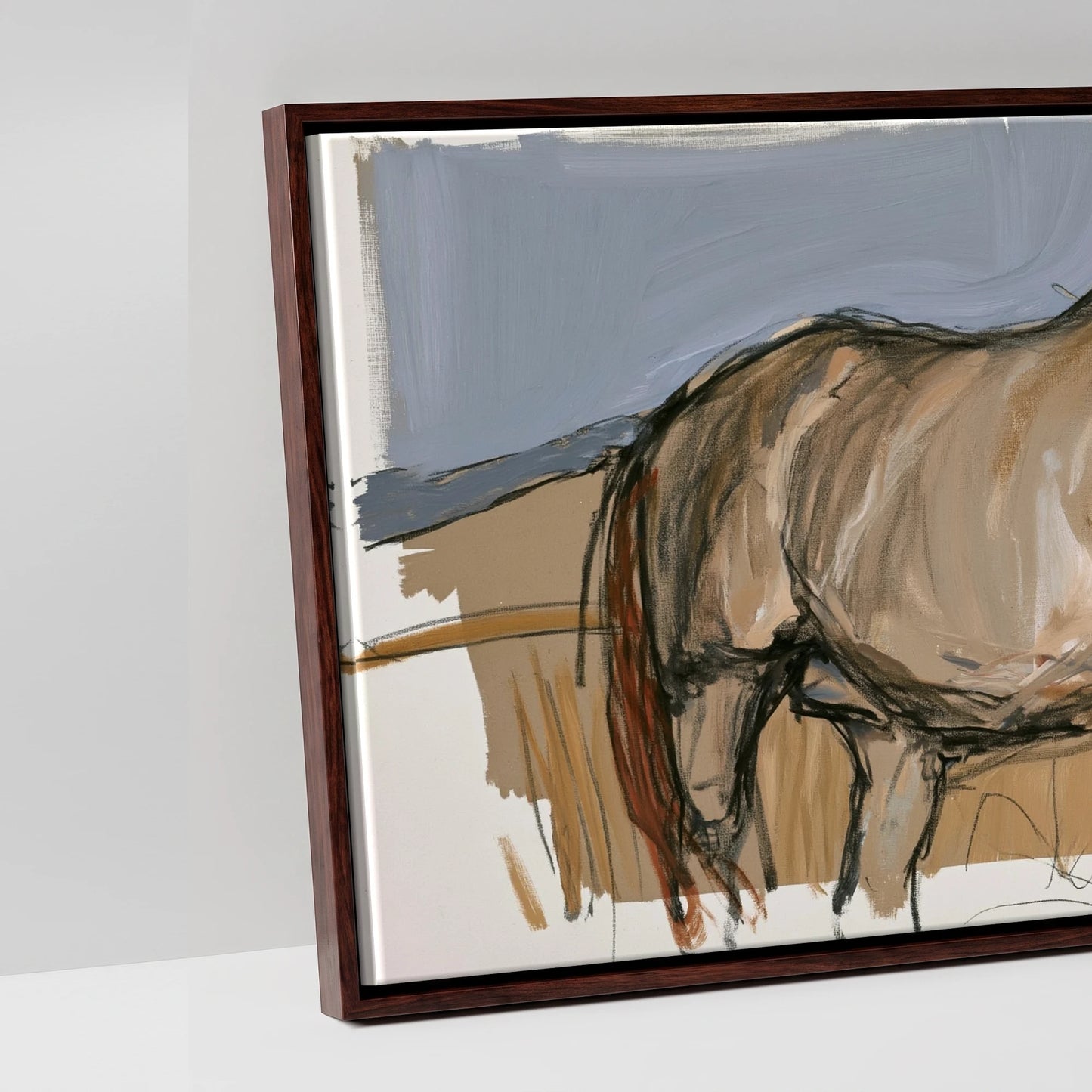 Grazing Below the Peaks - artwork detail in a brown float frame