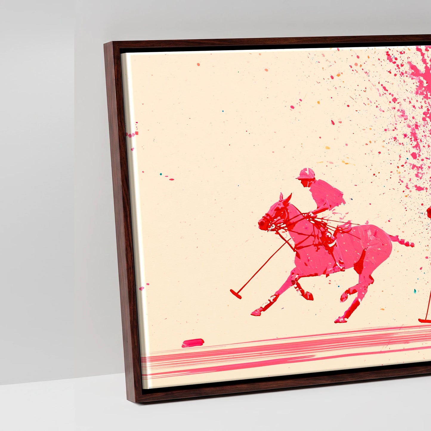 Magenta Polo Rush - artwork detail in a brown float frame