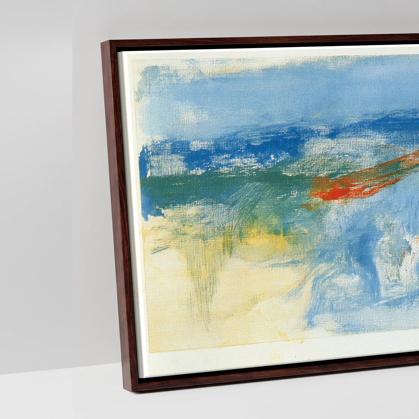 Cobalt and Crimson Canter - artwork detail in a brown float frame