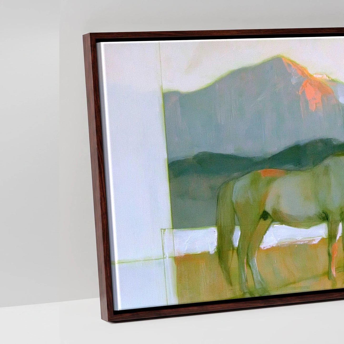 Pastel Mountain Light - artwork detail in a brown float frame