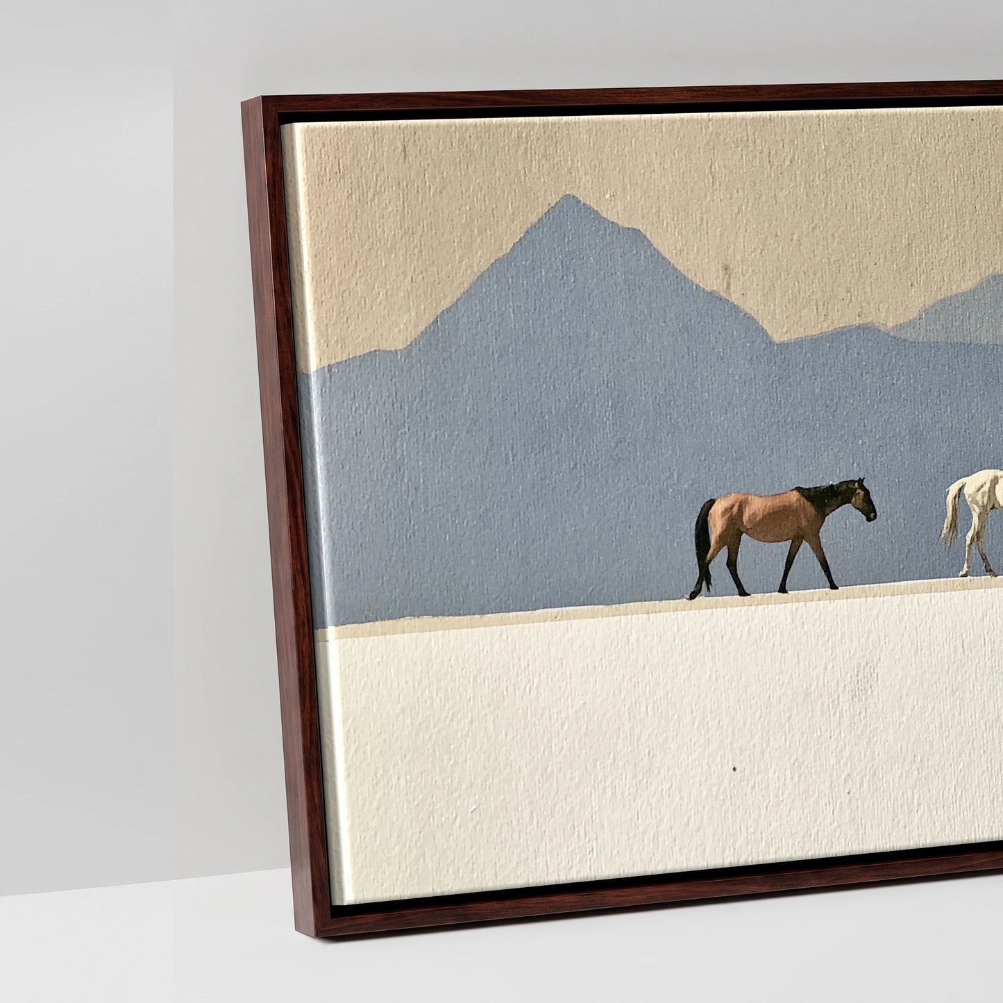 Journey Beneath Azure Peaks - artwork detail in a brown float frame