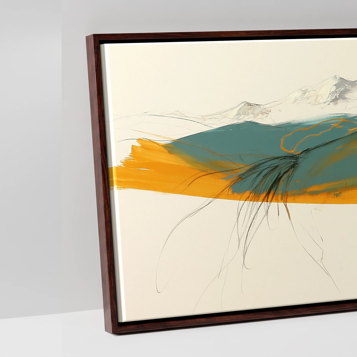 Amber Mountain Horizon - artwork detail in a brown float frame