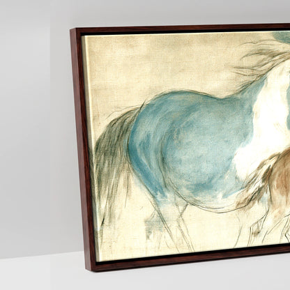 Teal and Parchment Herd - artwork detail in a brown float frame