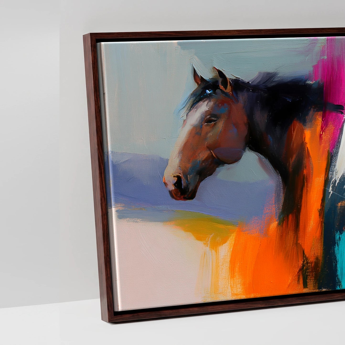 Vivid Equine Horizon - artwork detail in a brown float frame