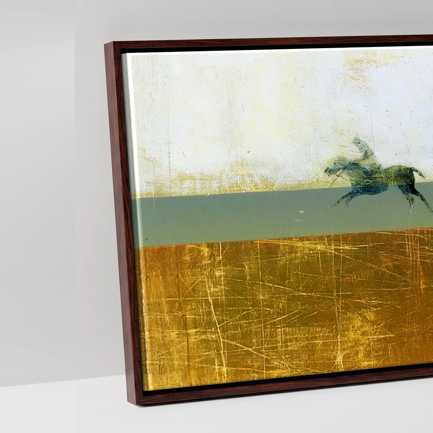 Pursuit in Gold - artwork detail in a brown float frame