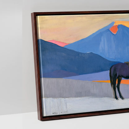 Vibrant Mountain Sentinel - artwork detail in a brown float frame