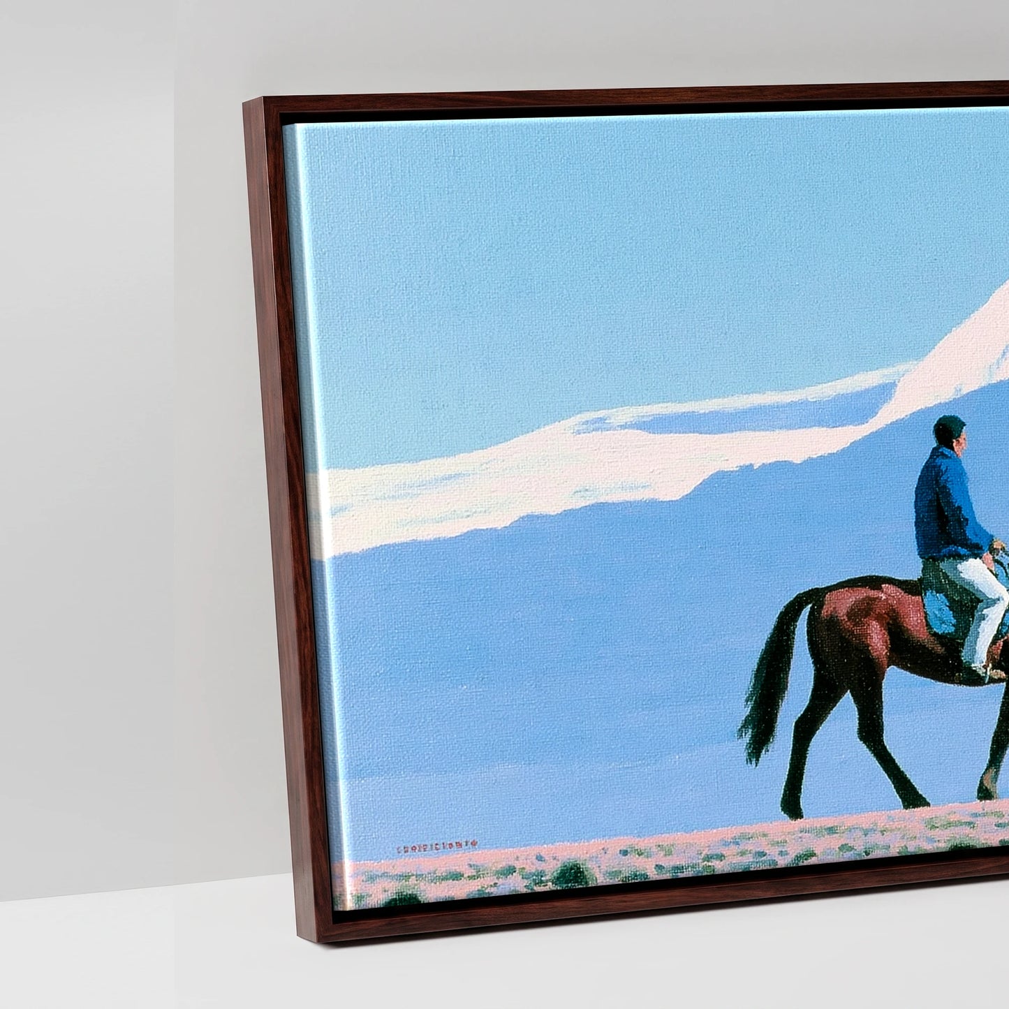 Beneath Vast Peaks - artwork detail in a brown float frame