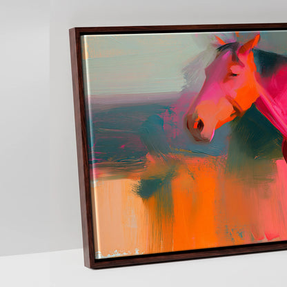 Vibrant Equine Horizon - artwork detail in a brown float frame