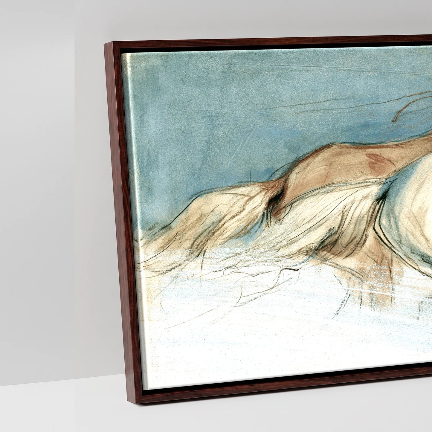 Teal Wash Gallop Study - artwork detail in a brown float frame