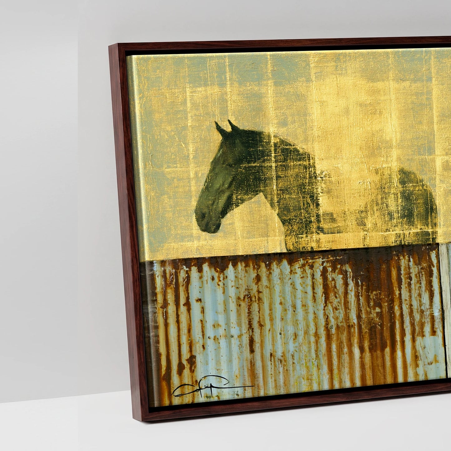 Golden Yard Watch - artwork detail in a brown float frame