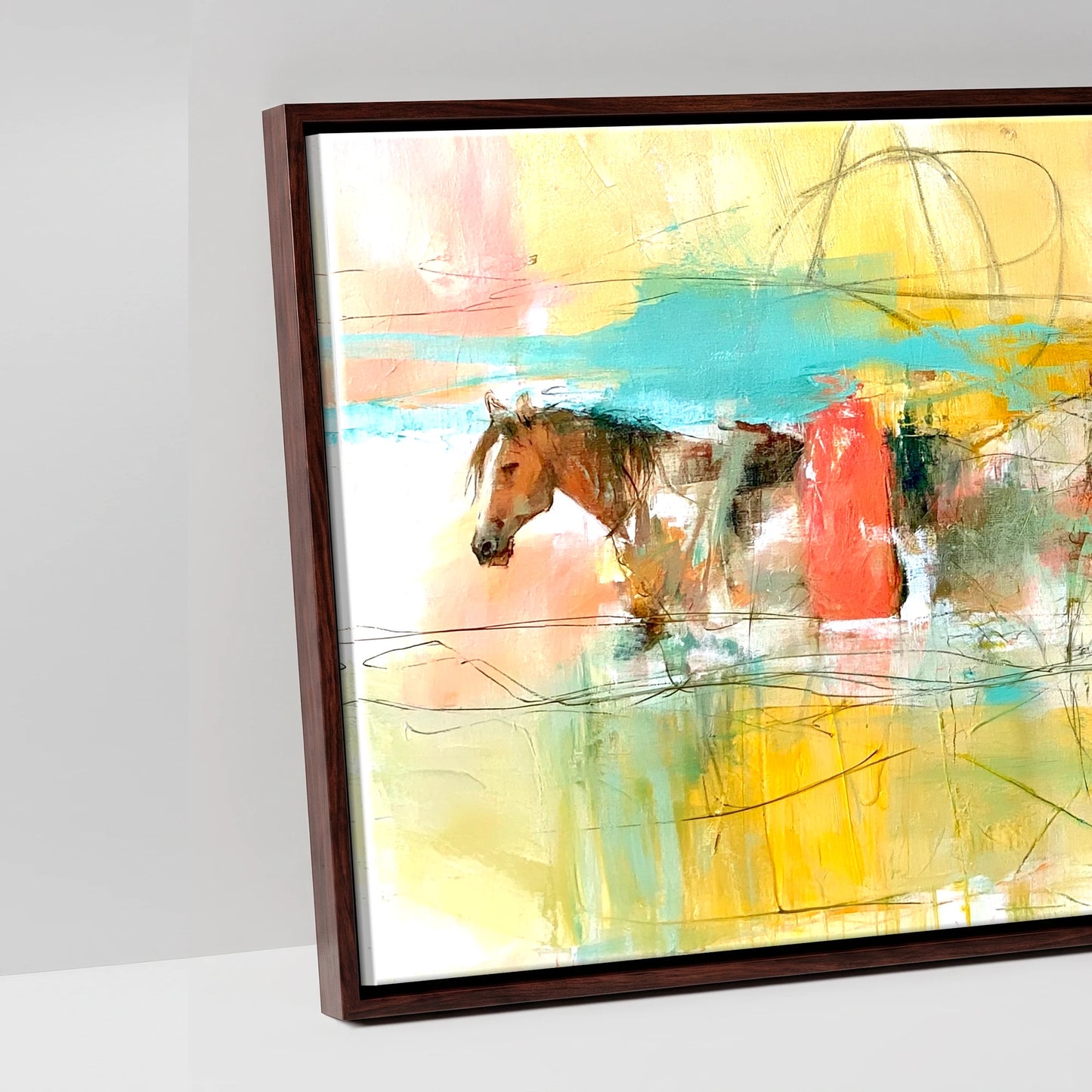 Vibrant Herd Crossing - artwork detail in a brown float frame