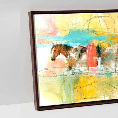 Vibrant Herd Crossing - artwork detail in a brown float frame