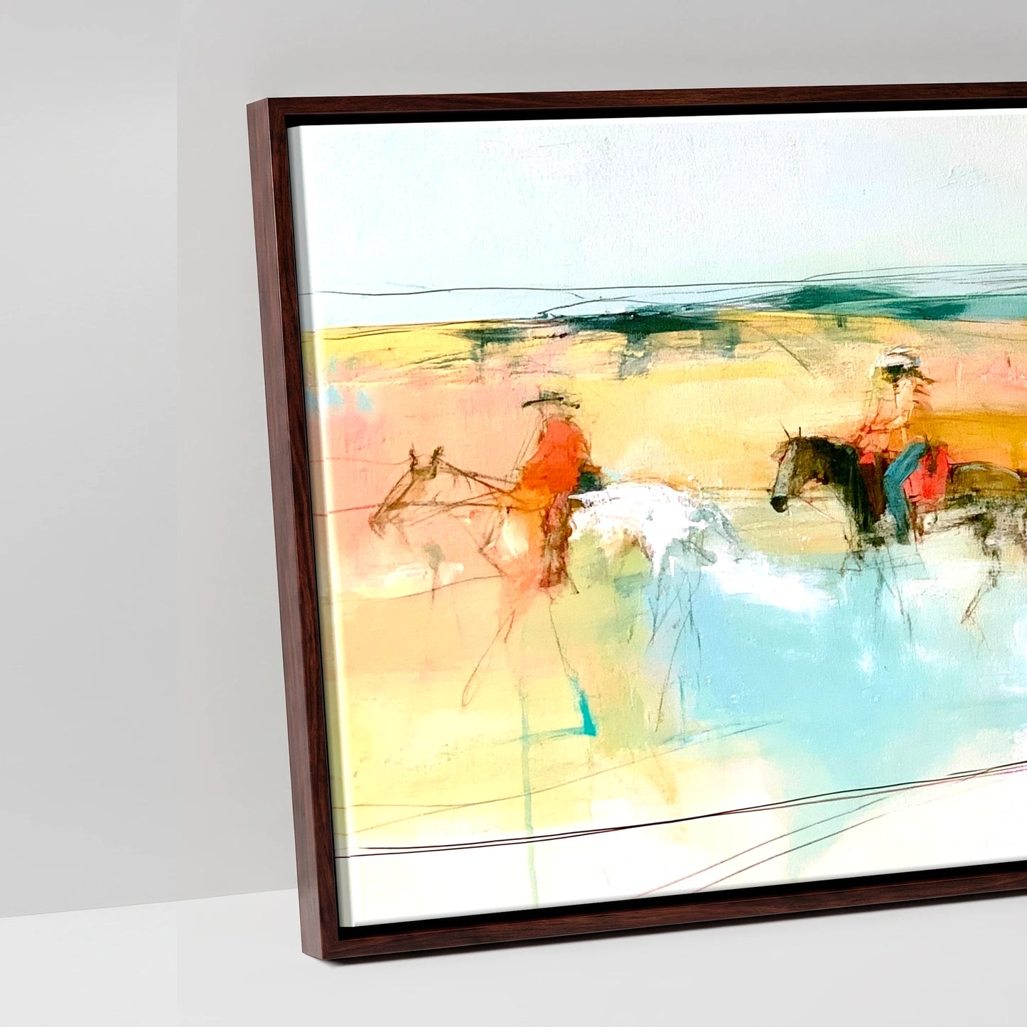 Vibrant Coastal Ride - artwork detail in a brown float frame