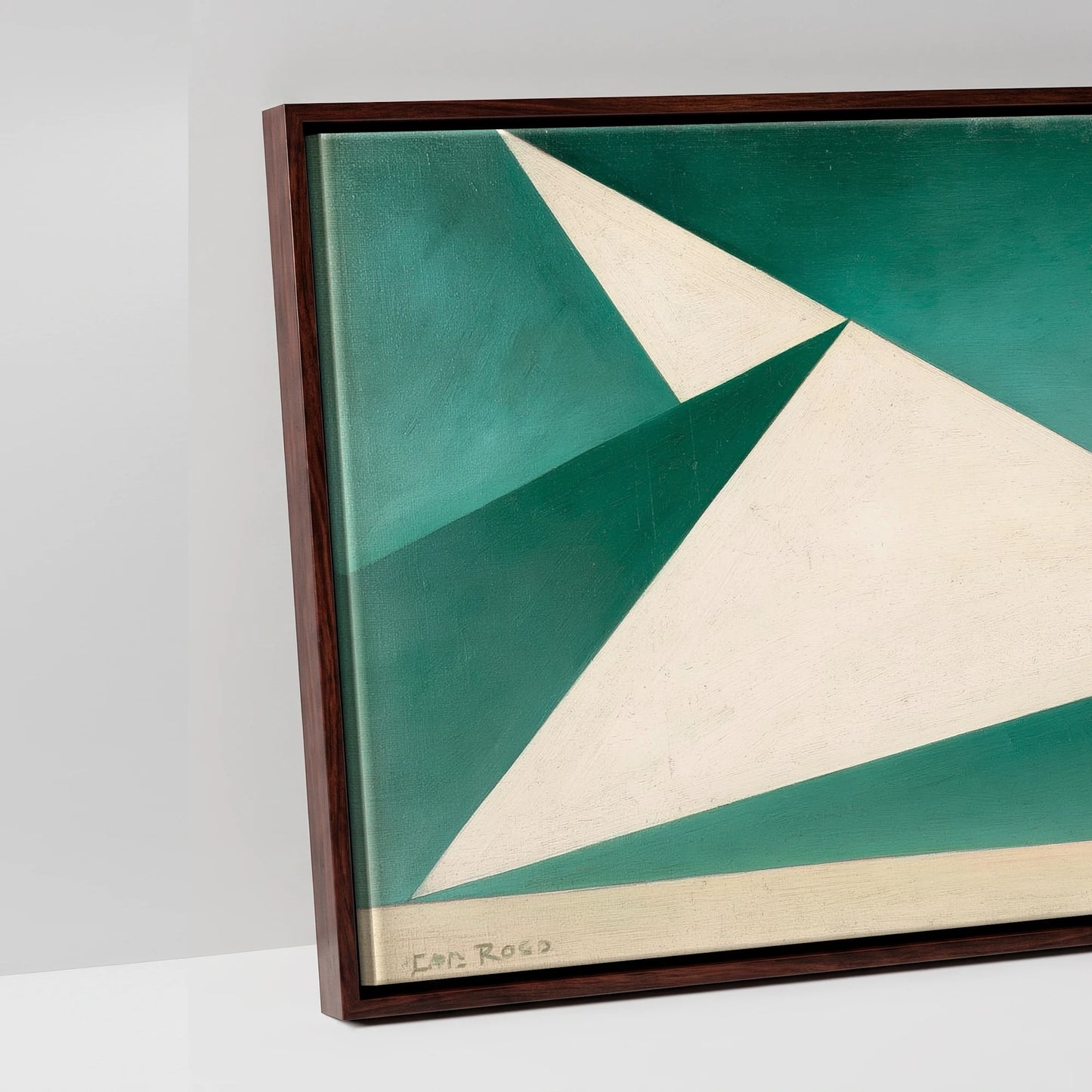 Geometric Green Striding Horse - artwork detail in a brown float frame