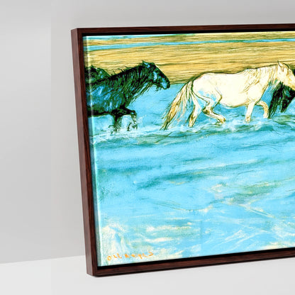 Painted Herd in Azure - artwork detail in a brown float frame