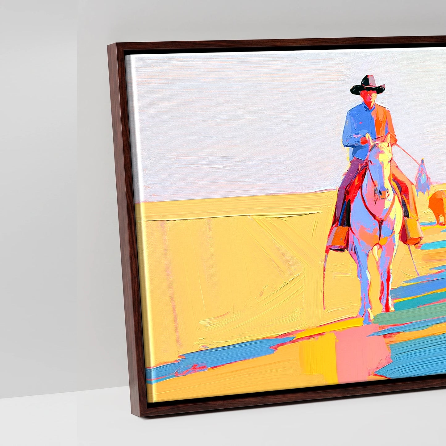 Vibrant Cattle Drive - artwork detail in a brown float frame