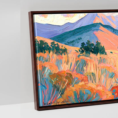 Vibrant Painted Pasture - artwork detail in a brown float frame