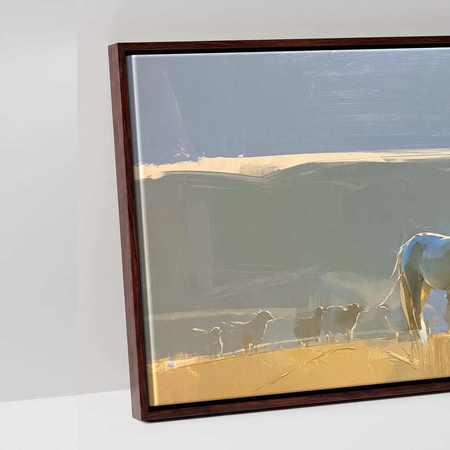 Sunlit Pasture Gathering - artwork detail in a brown float frame