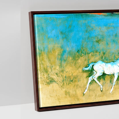 Vibrant Azure Strides - artwork detail in a brown float frame