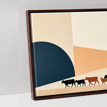 Mid-Century Cattle Drive - artwork detail in a brown float frame