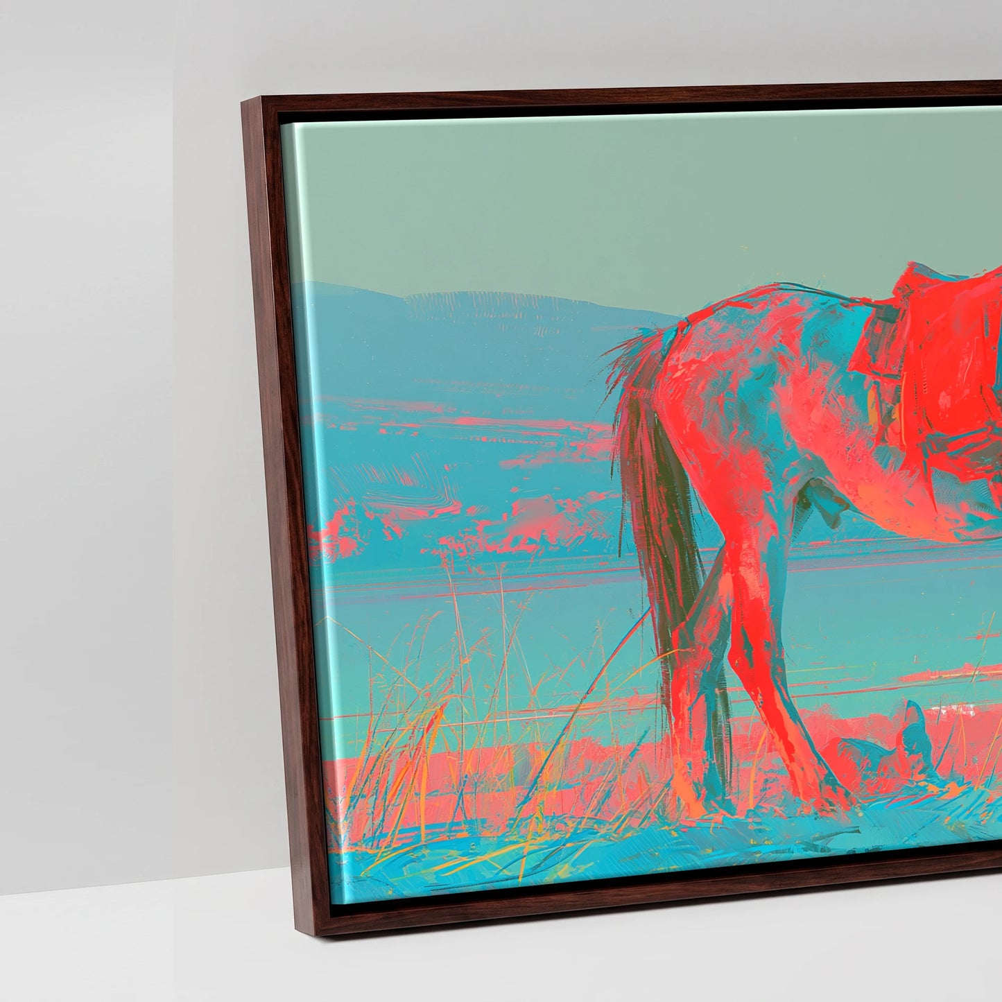 Electric Equine Horizon - artwork detail in a brown float frame