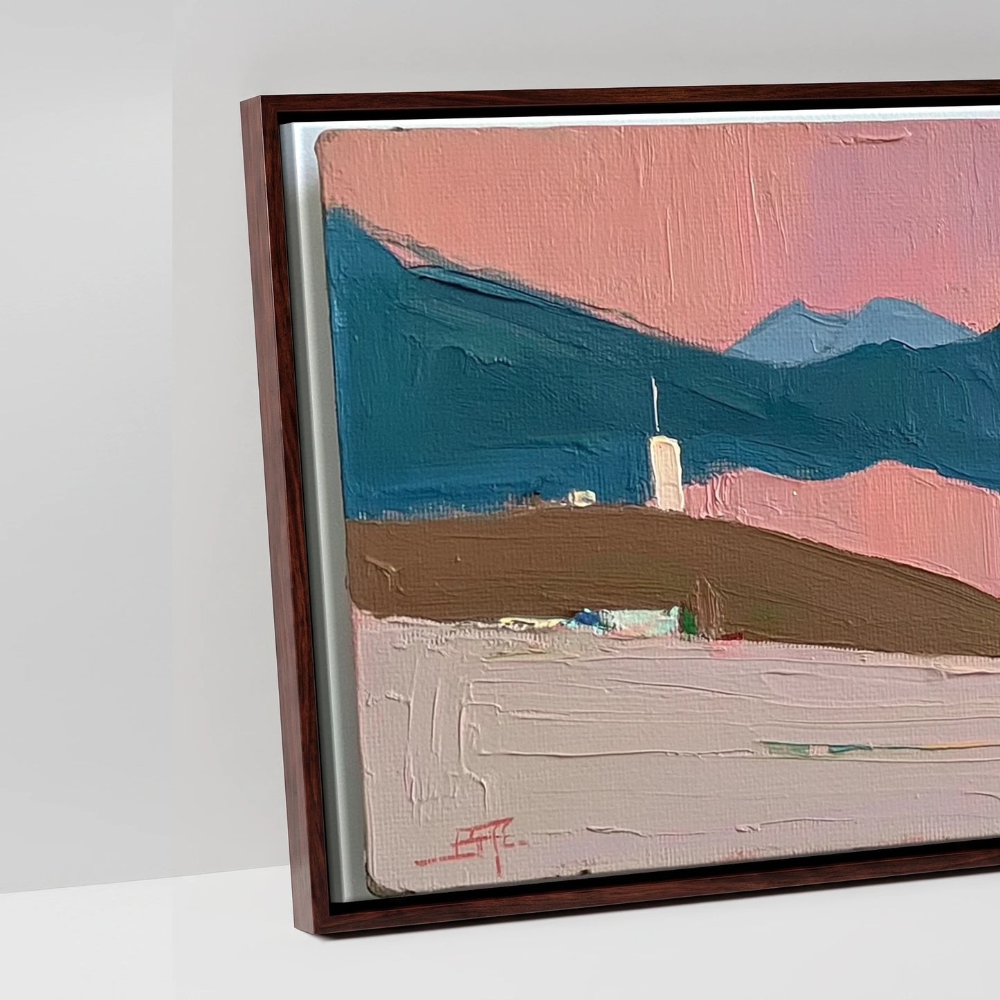 Rose and Teal Horizon - artwork detail in a brown float frame