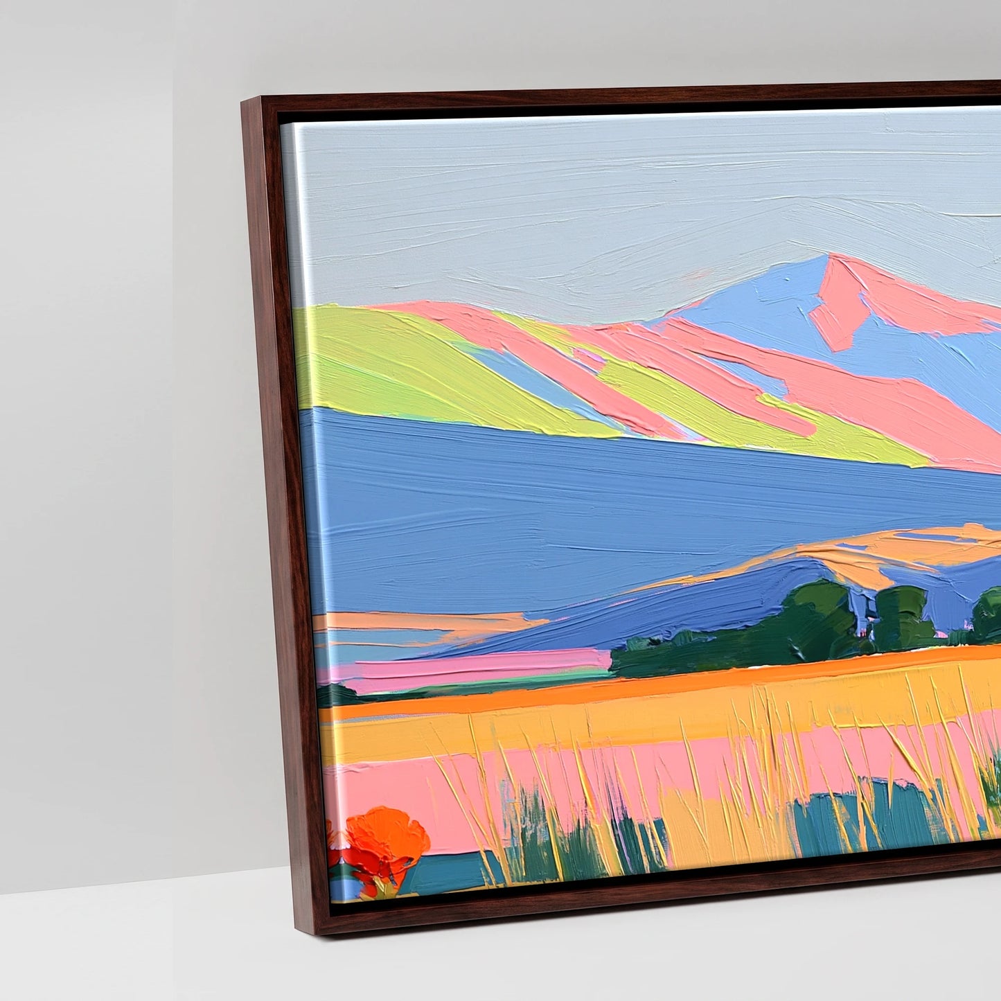 Technicolour Mountain Pasture - artwork detail in a brown float frame