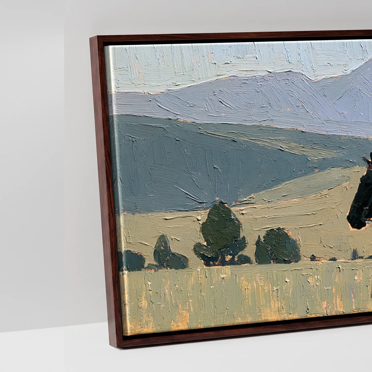 Across the Blue Ranges - artwork detail in a brown float frame