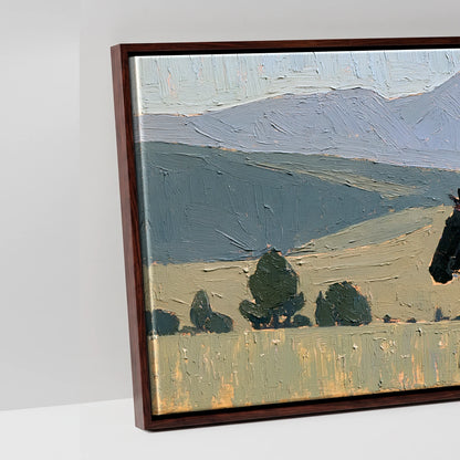 Across the Blue Ranges - artwork detail in a brown float frame