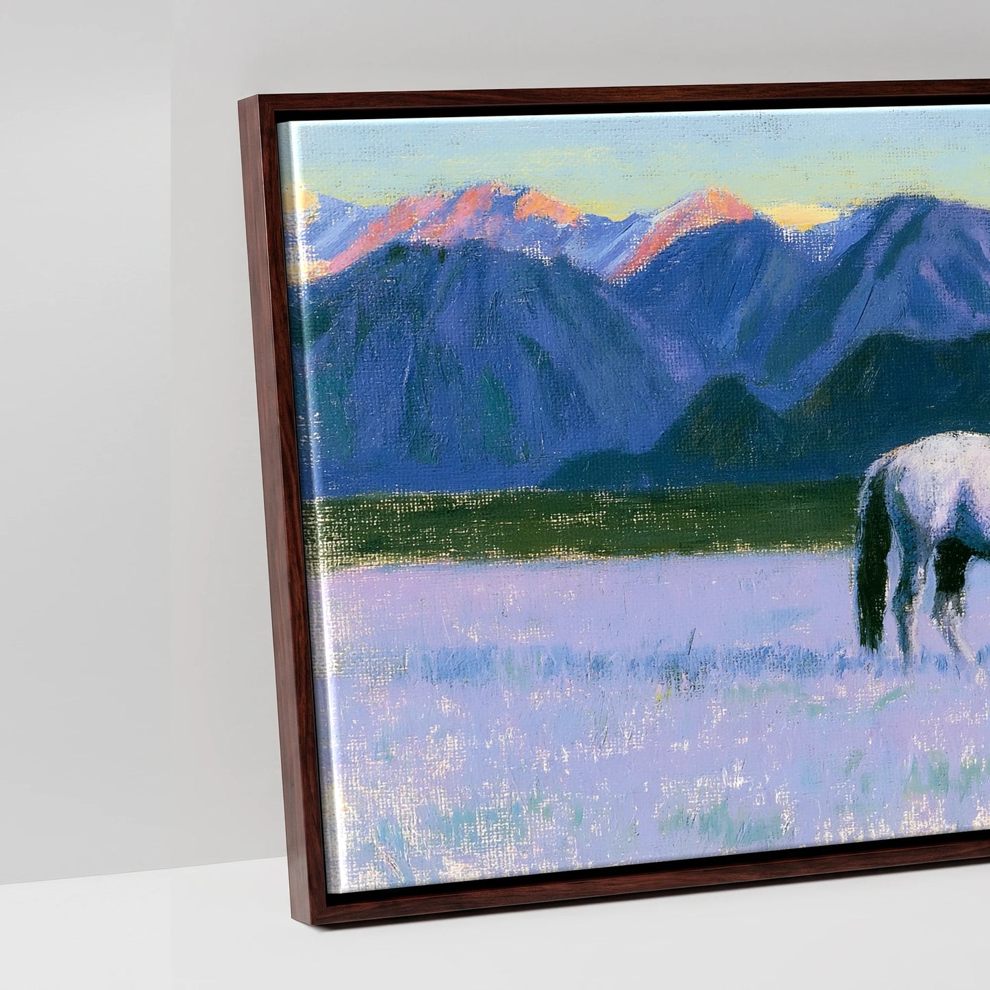 Lavender Mountain Pasture - artwork detail in a brown float frame