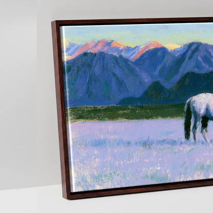 Lavender Mountain Pasture - artwork detail in a brown float frame