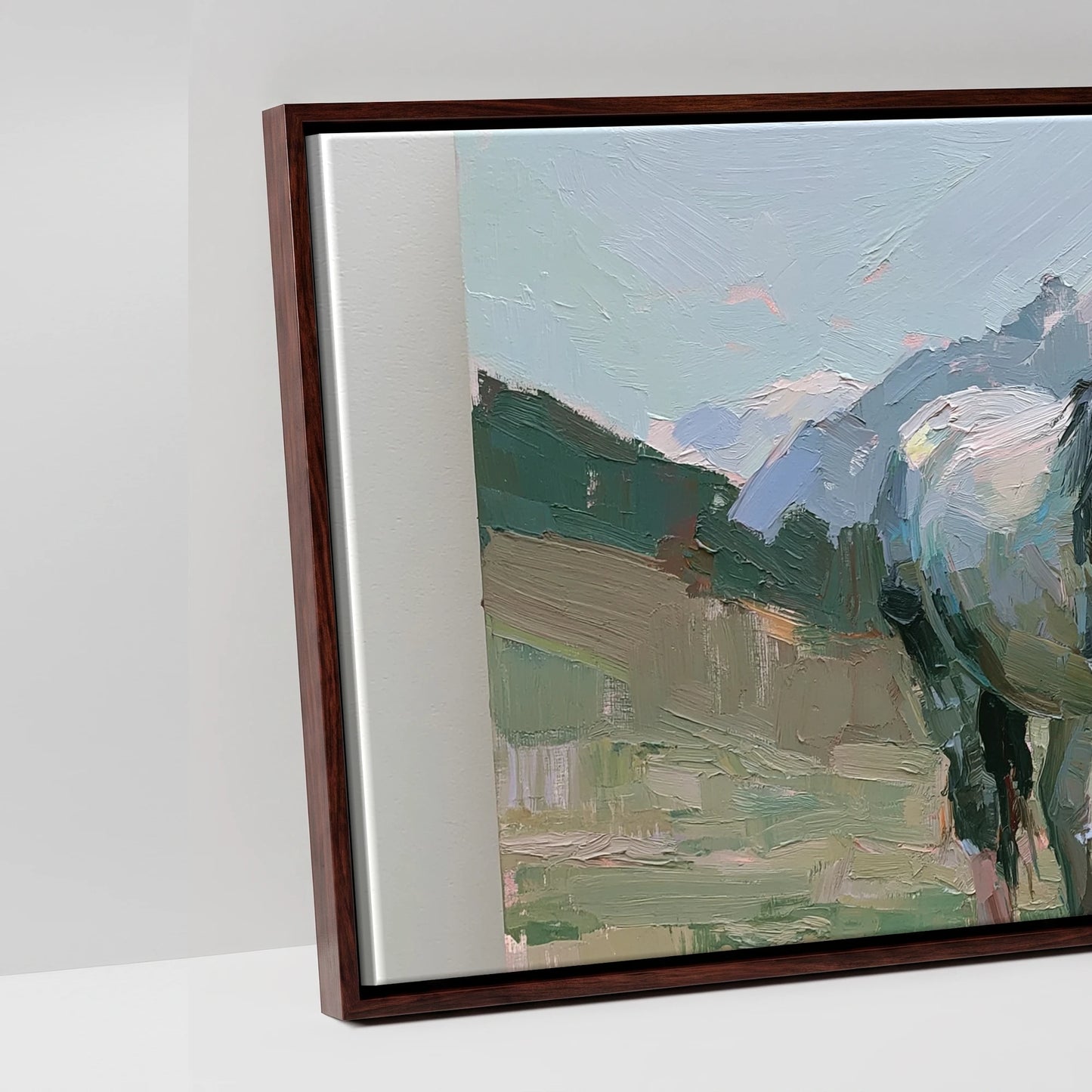 Pastures Beneath the Peaks - artwork detail in a brown float frame