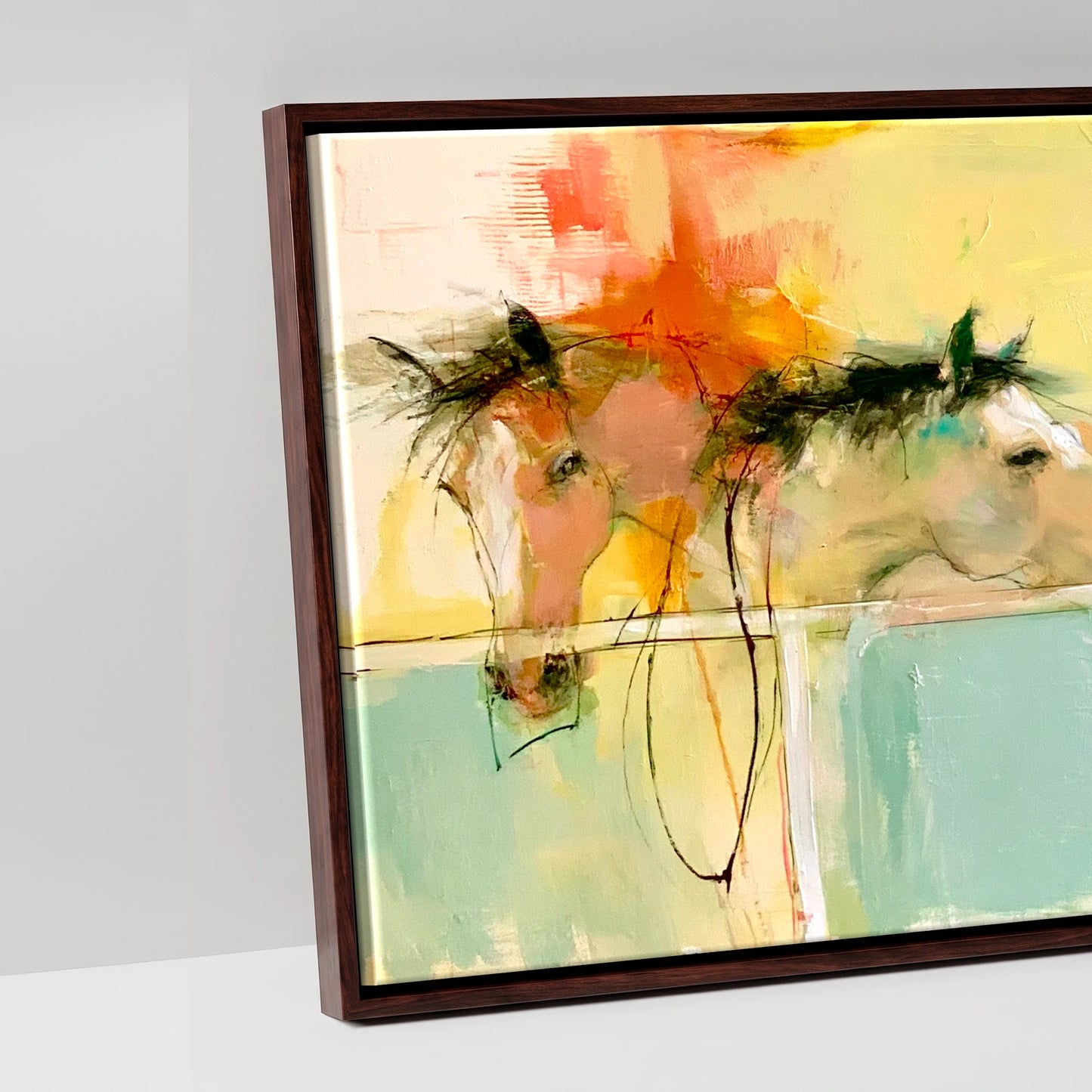 Vibrant Stable Companions - artwork detail in a brown float frame