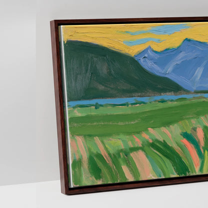 Vibrant Mountain Pasture - artwork detail in a brown float frame