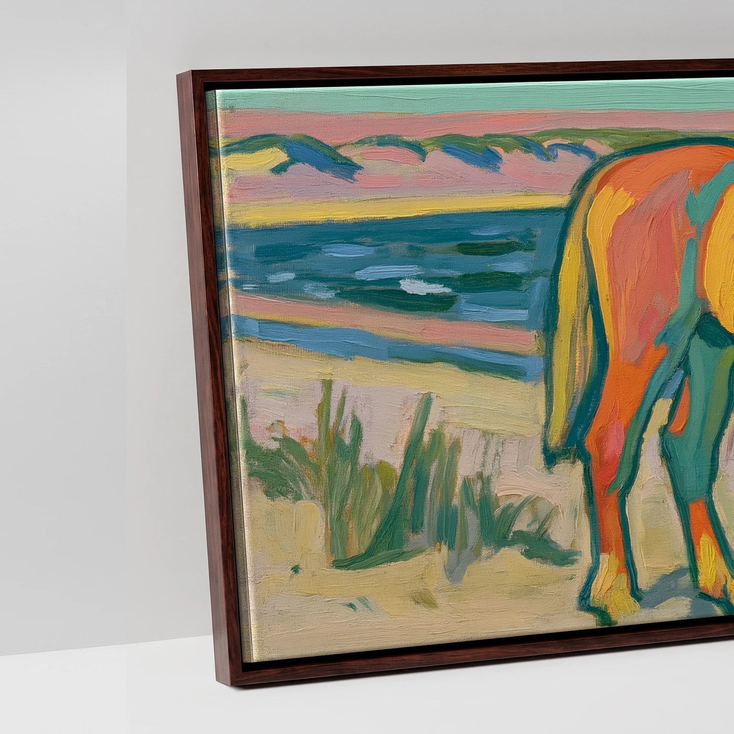 Vibrant Coastal Equine - artwork detail in a brown float frame