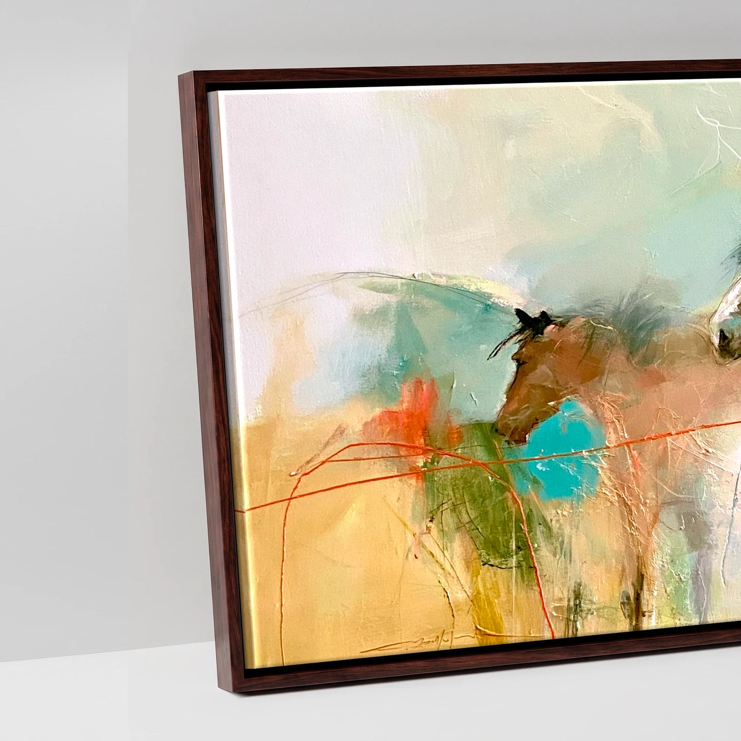 Expressive Equine Horizon - artwork detail in a brown float frame