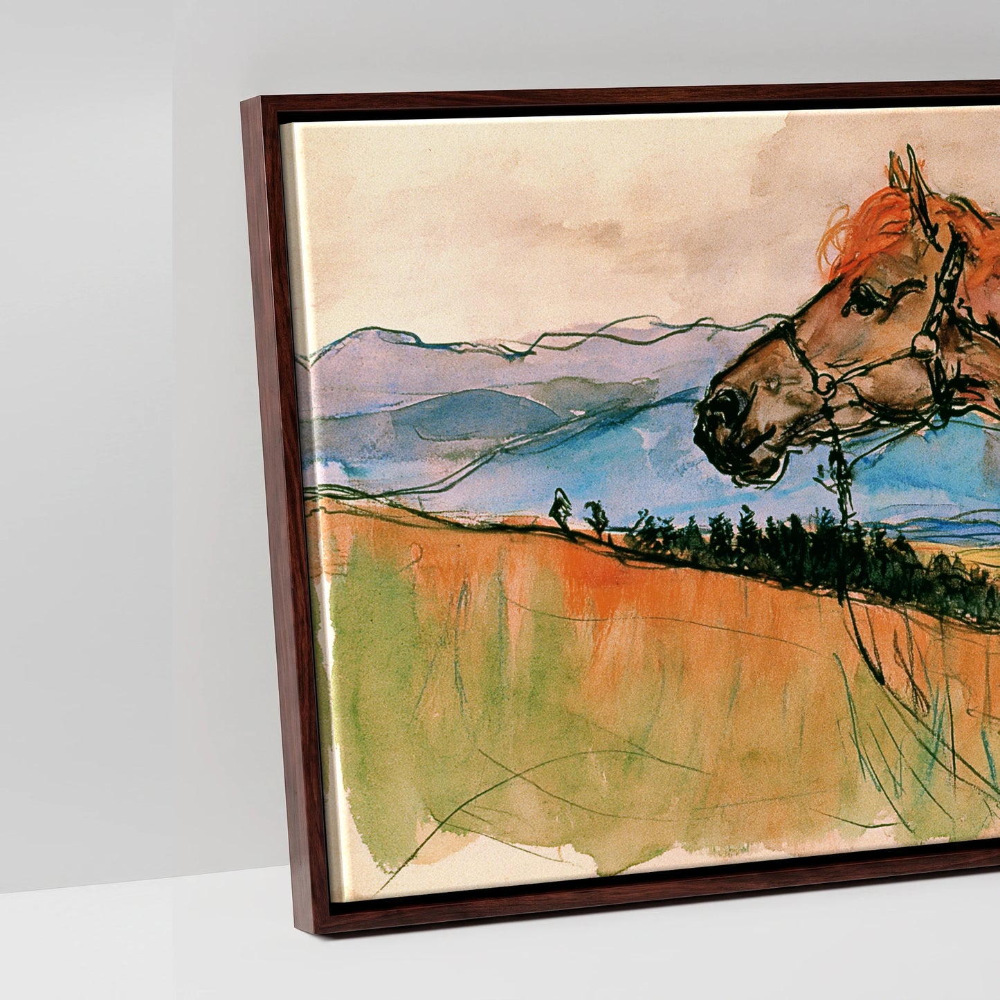 Mountain Spirit in Ochre - artwork detail in a brown float frame