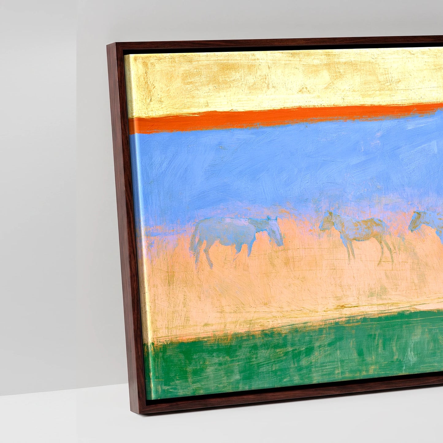 Cobalt Horizon Herd - artwork detail in a brown float frame
