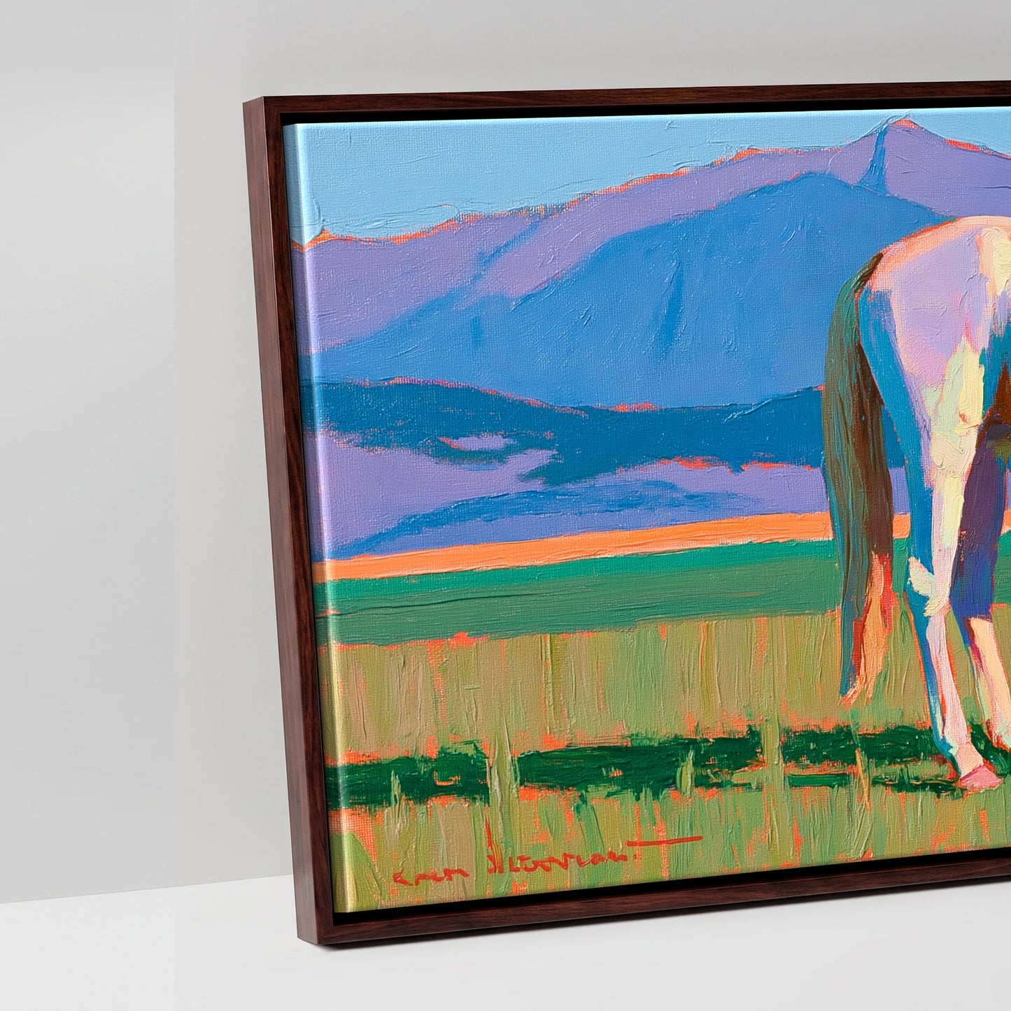 Vivid Mountain Pasture - artwork detail in a brown float frame