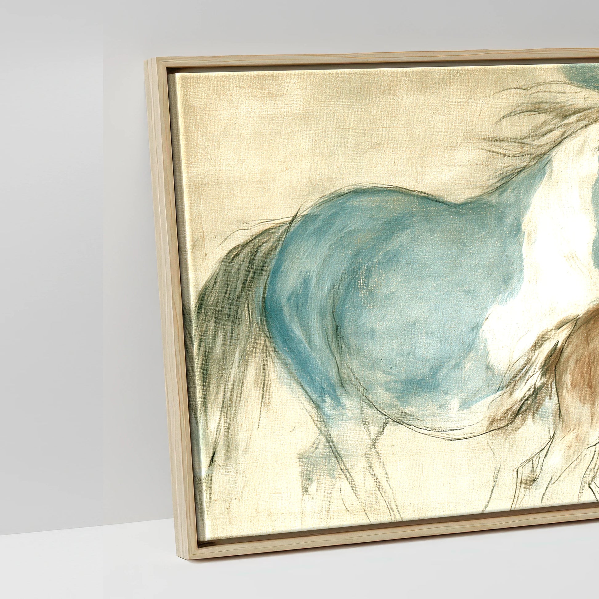 Teal and Parchment Herd - artwork detail in a natural float frame