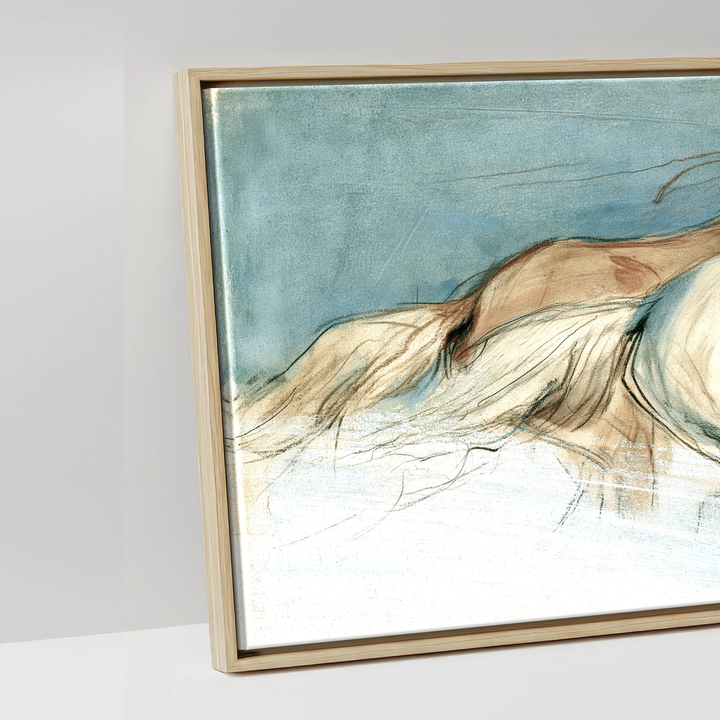 Teal Wash Gallop Study - artwork detail in a natural float frame