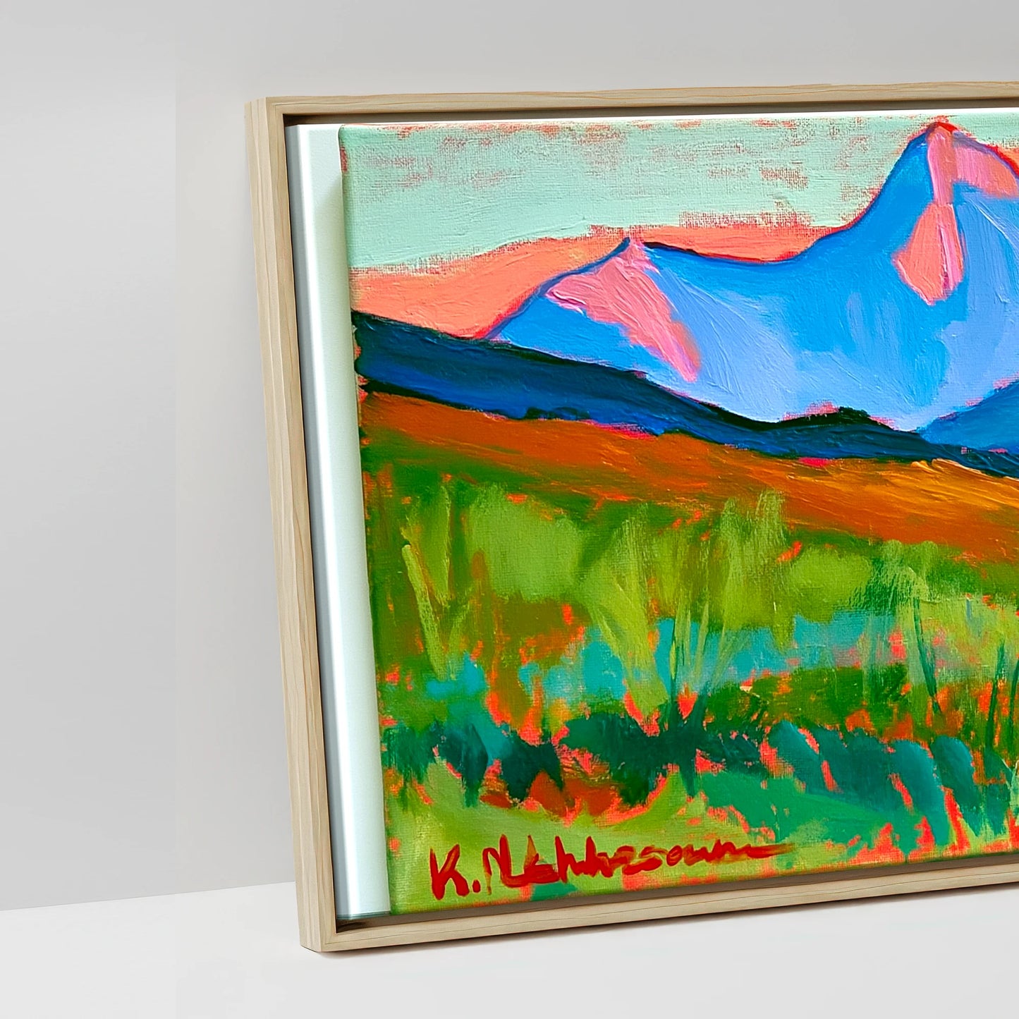 Technicolour Mountain Grazing - artwork detail in a natural float frame
