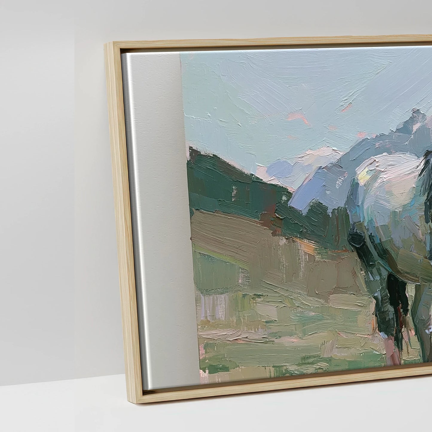 Pastures Beneath the Peaks - artwork detail in a natural float frame