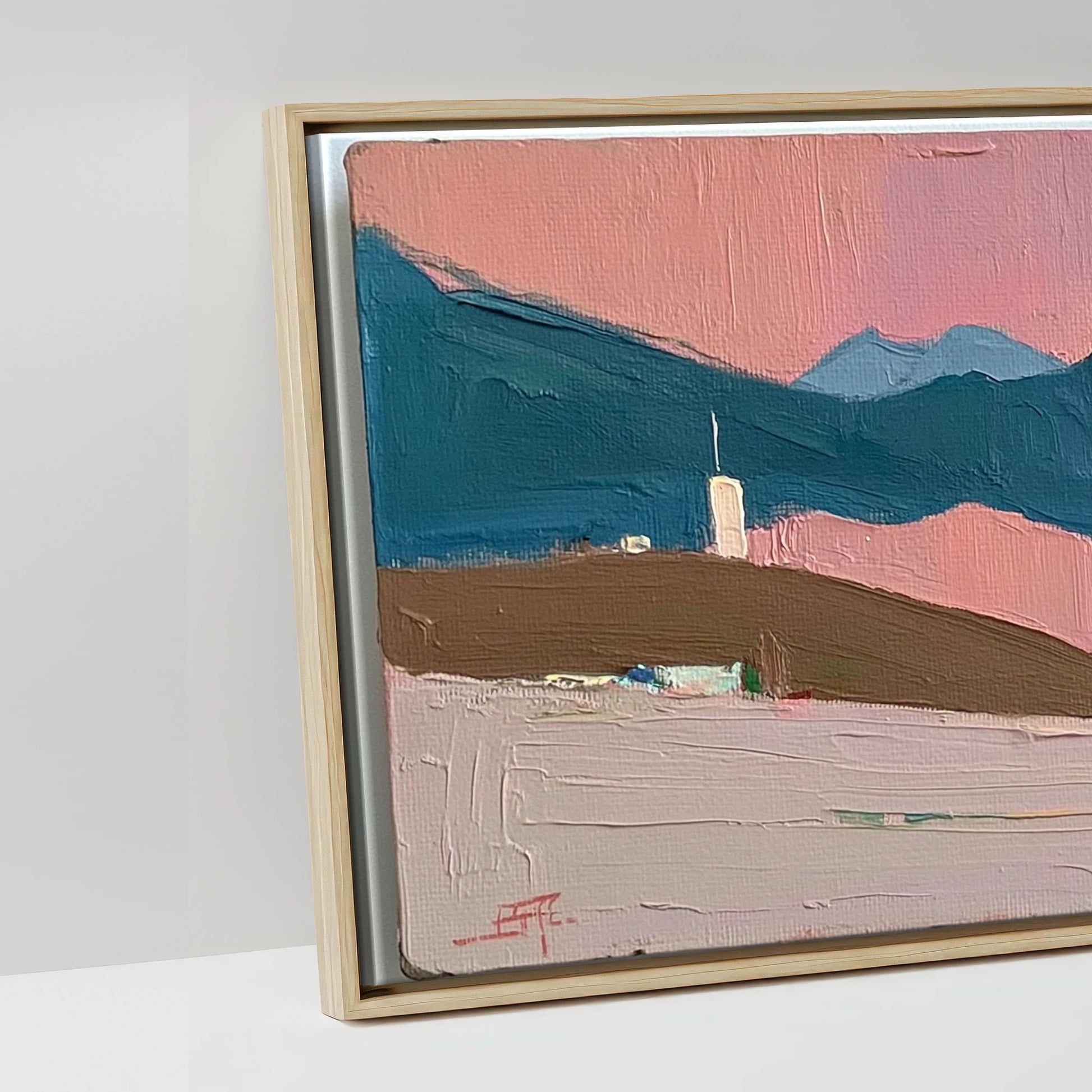 Rose and Teal Horizon - artwork detail in a natural float frame