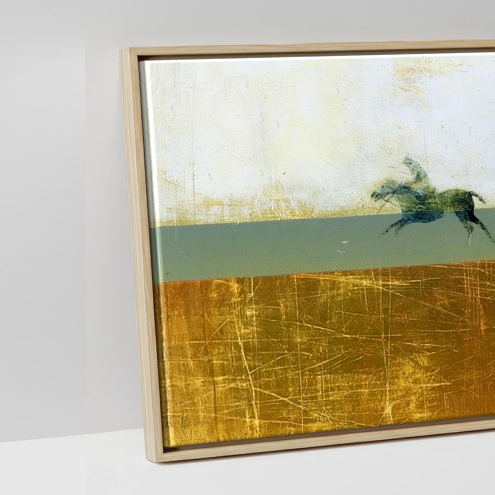 Pursuit in Gold - artwork detail in a natural float frame