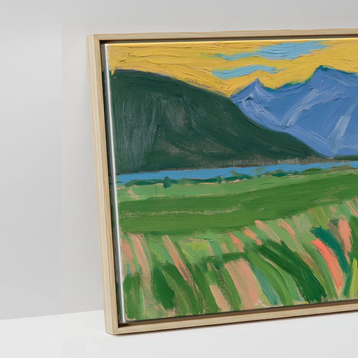 Vibrant Mountain Pasture - artwork detail in a natural float frame