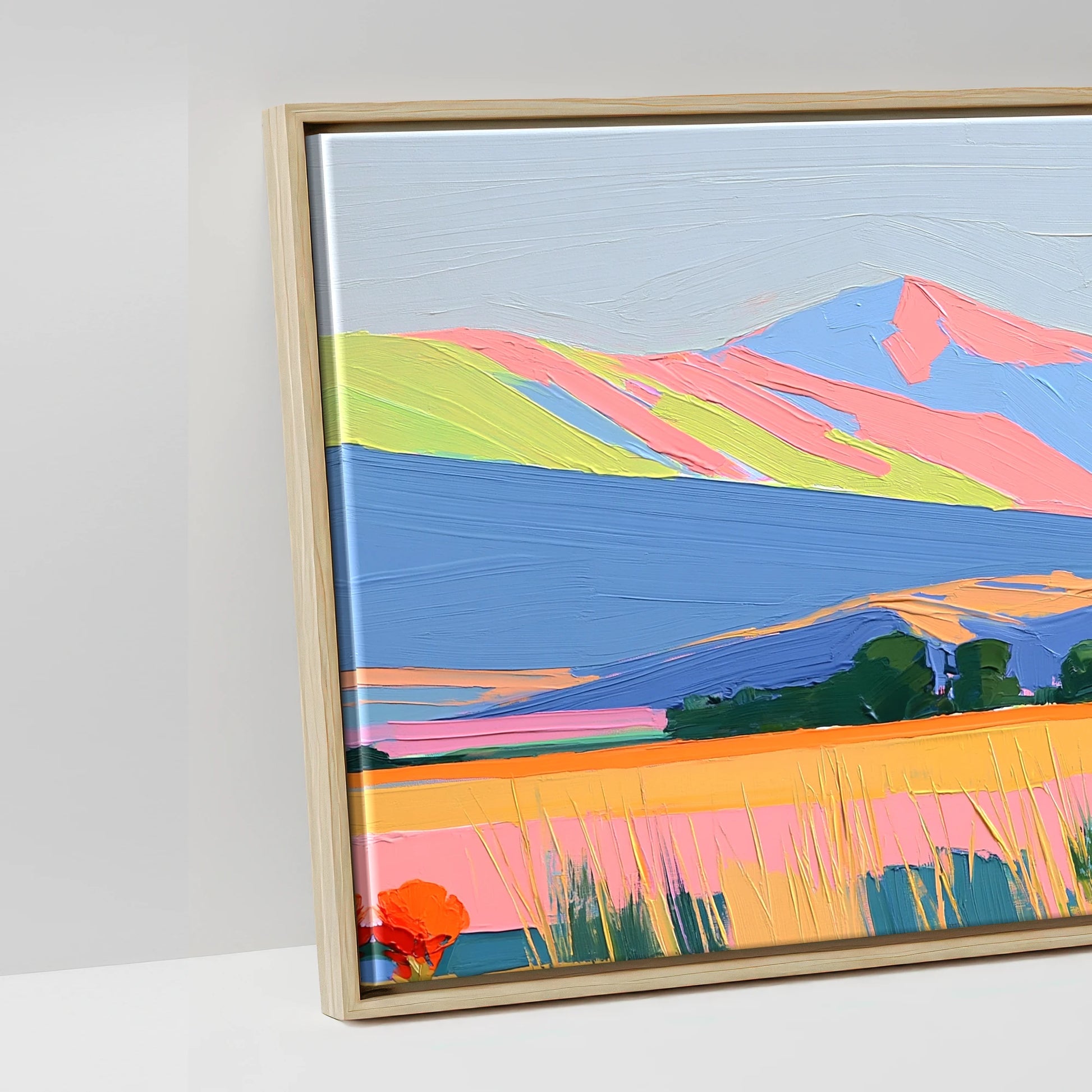 Technicolour Mountain Pasture - artwork detail in a natural float frame