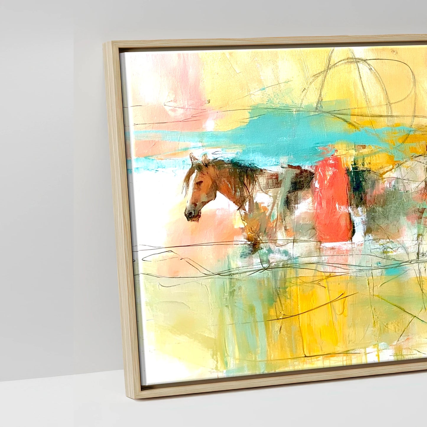 Vibrant Herd Crossing - artwork detail in a natural float frame